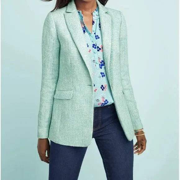 TALBOTS Women's Aqua Blue Luxe Tweed Tailored Career Blazer Jacket - Picture 3 of 14
